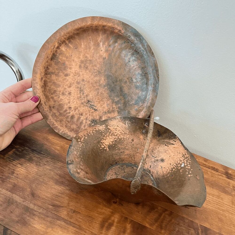 VTG Hand Hammered Copper Tray & Basket Set Leaf Handle Arts & Crafts
